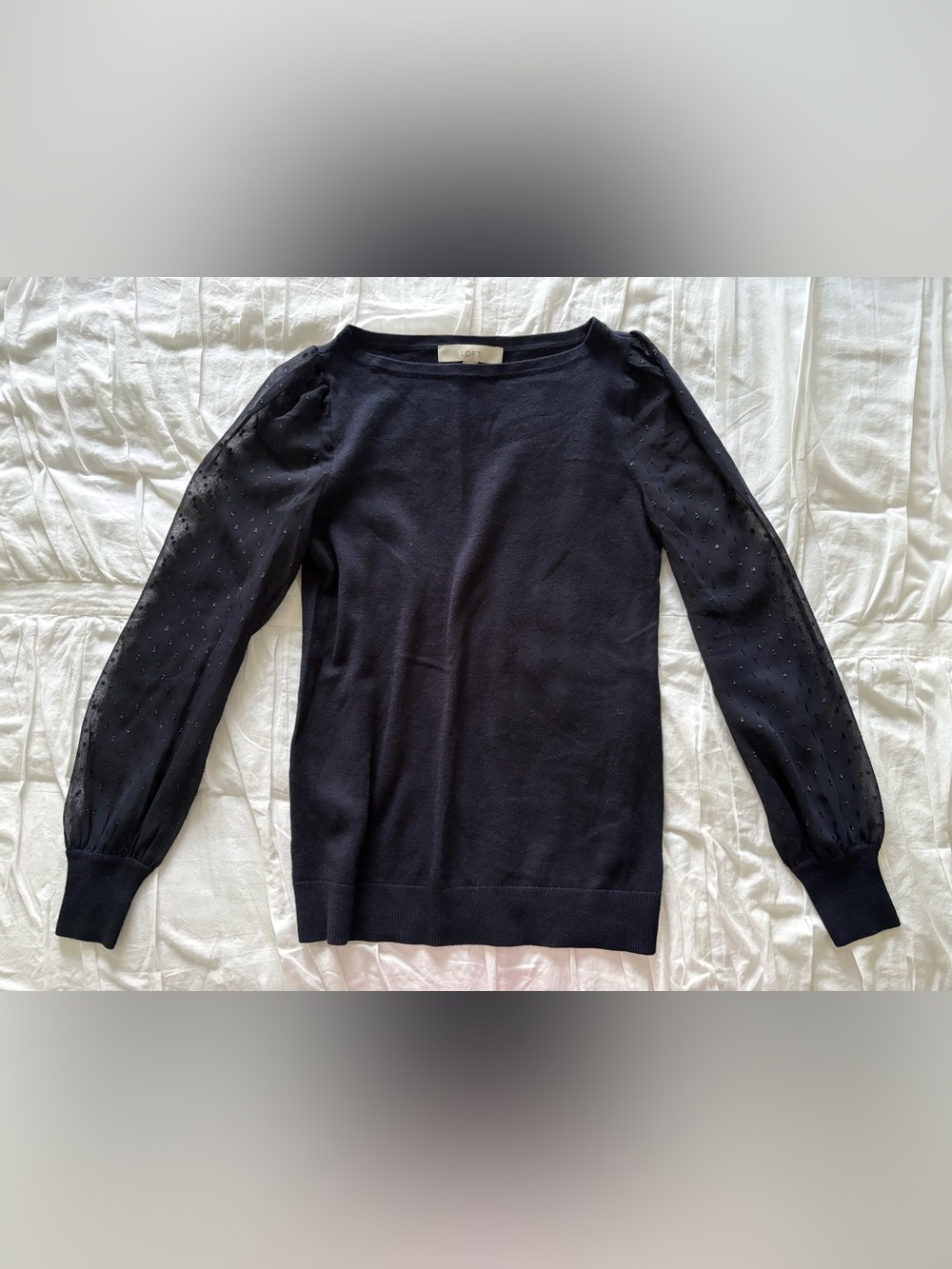 LOFT Navy Sheer Dot Sleeve Pullover Top